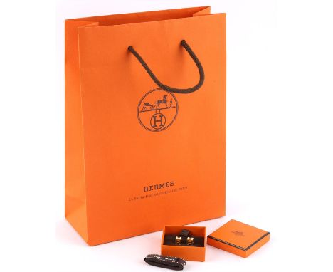 HERMES "Cage d' H" Lacquer enamelled earrings in ivory and gold colour, gold plated boxed with ribbon and bag. 0.7cm diameter