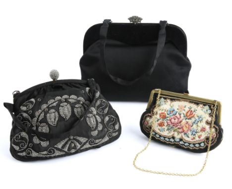 A bespoke-made black silk and velvet evening bag with antique marcasite clasp. silver silk-lined with separate small coin pur