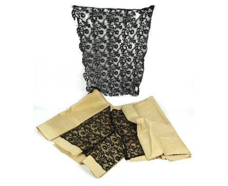 Two good lengths and a square of antique black Spanish lace c1850 but could be much earlier, once belonging to Lady Constance
