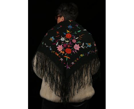 Antique Chinese piano shawl in black silk with coloured embroidery Approx. 130cm x 135cmCondition Report:  In good condition 