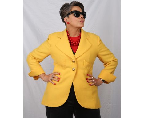 CHRISTIAN DIOR Boutique Paris a serial numbered canary yellow worsted-wool ladies blazer with silk lining and heavy gold-tone