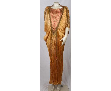PATRICIA LESTER rare haute couture Fortunys plissé Grecian style goddess "Delphos" gown in fine gold silk with gold braided t
