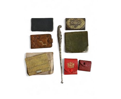 A collection of Edwardian to 1950s stationary and cosmetic items to include a shoe-button hook, brown leather calling card ca