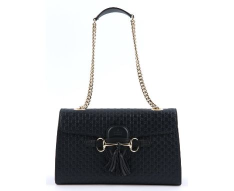 GUCCI EMILY navy blue box calf leather monogrammed hand bag with snaffle bit and tassel. Light gold coloured hardware and dus