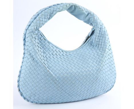 BOTTEGA VENETA iconic Baby- blue woven soft calf leather zipped handbag with mirror. Italian made. 16.5" x 9.5" x 1.5") with 