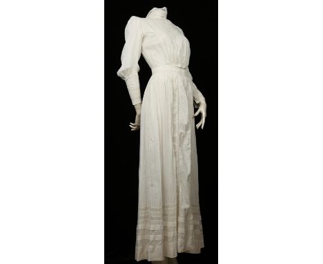 An original antique late Victorian/early Edwardian Summer afternoon dress in ivory cotton with embroidered neck panel and han