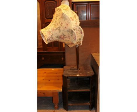 Unusual oak table with two shelves and an integral standard lamp set into centre