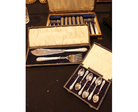 Three boxed sets of silver plated flatware including teaspoons and serving set