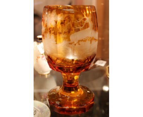 Vintage Bohemian amber glass goblet with etched hunting scenes