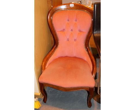 Oak framed pink upholstered spoon back nursing chair
