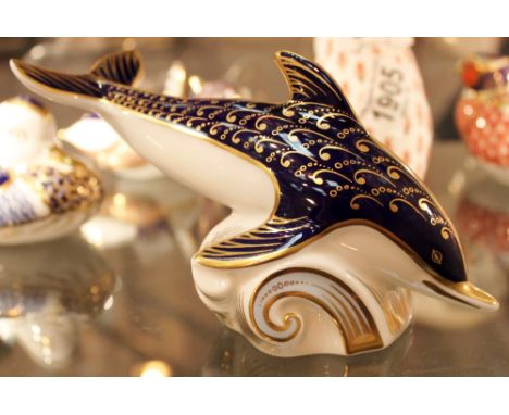 Royal Crown Derby large Imari dolphin paper weight silver button