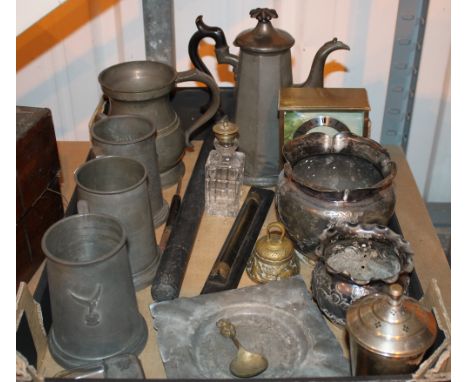 Box of mixed pewter and other items including a slate rolling pin, a clock and draughtsmans ruler