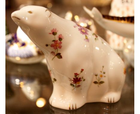 Royal Crown Derby floral pattern polar bear gold button paperweight