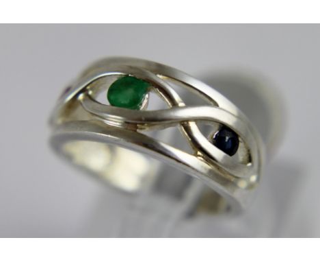 Sterling silver ring set with ruby, emerald and sapphire