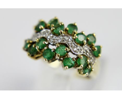 9 ct gold emerald and diamond fancy ring, size M