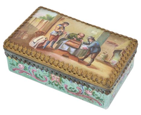 An 18th/19th c Continental Enamel Box:Fully enamelled box with Tavern scene to the top of men playing backgammon,the sides an