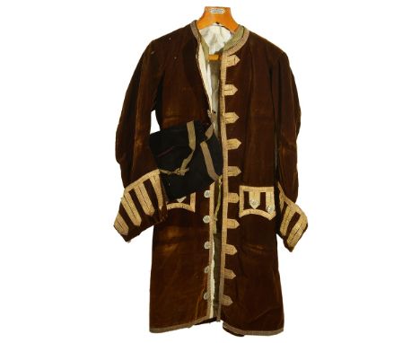 A George III Livery Coat:Ten buttoned coat with brown velvet exterior, together with waistcoat bearing eight brass buttons & 