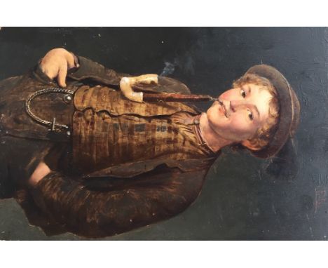 Friedrich Anton Otto Prölss (German, 1855-1934):Portrait of a young man smoking a pipe, oil on panel, signed upper right, H 2