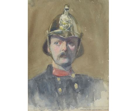 Frederick Leighton (British, 19th/20th century):Portrait of a fireman, watercolour, signed lower right & dated 1903, H 22 x W