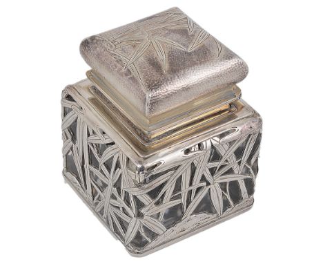 A Chinese Bamboo Silver Square Inkwell:Late 19th/20th century embossed and filigree overlay silver inkwell, with bamboo leave