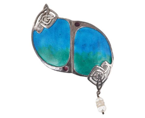 A Silver Enamel Brooch with Suspended Baroque Pearl in Knox Style by Liberty & Co:Green and blue enamel panels with mauve rou