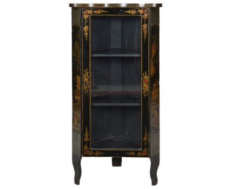 A Stylish 19th/20th Century  Corner Cabinet in the Chinoiserie style:painted and decorated with flowers, cross hatching and p