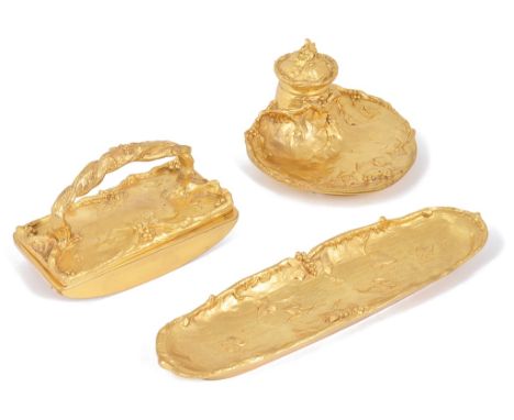An Early 20th Century French Art Nouveau 3-Piece Desk Set, by Charles Louchet, Circa 1910:comprising: -  Inkwell, pen tray an