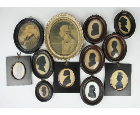 A collection of 18th century and later family silhouettes and oval pencil portraits to include members of the Griffith's fami