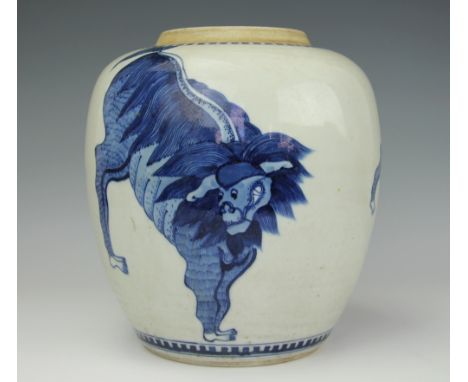 A Chinese 19th century Kangxi style porcelain ginger jar, decorated with three kylin between geometric borders, bearing doubl