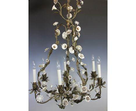 A modern French painted metal six branch chandelier, decorated throughout with flowers and oak leaves, 100cm high 