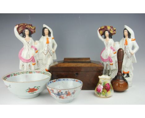 An assortment of items to include a Lignum Vitae sculptors mallet, 20cm high, a pair of Staffordshire highland dancers, two C