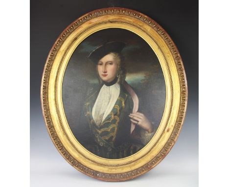 German School - early 19th century, Oil on canvas with later varnish, Portrait of a lady in a hat with ruby and diamond jewel