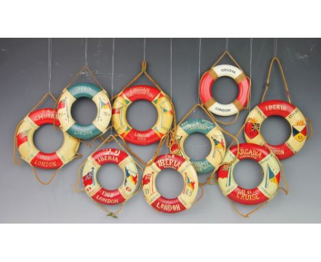 A selection of nine vintage commemorative cruising life buoy floats, each hand painted, titled and dated (9) 