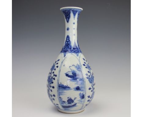 A Kangxi style blue and white yuhuchunping vase, artemisia leaf to underside, decorated with panels depicting landscapes and 