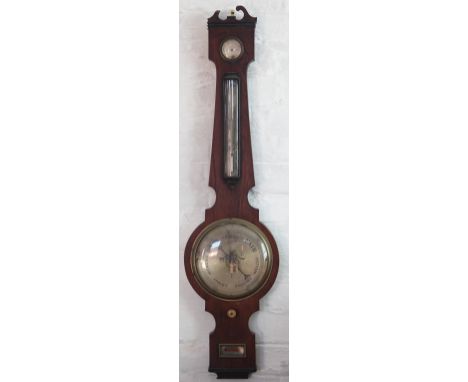An early 19th century rosewood wheel barometer, the spirit level gauge signed Pedrene Bristol, 102cm (at fault)