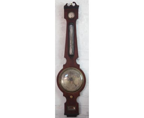 An early 19th century rosewood wheel barometer, the spirit level gauge signed Pedrene Bristol, 102cm (at fault)