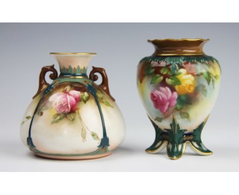 A Royal Worcester Hadley's baluster vase, No.230 H, the body decorated with yellow and pink roses and foliage, with crimped r