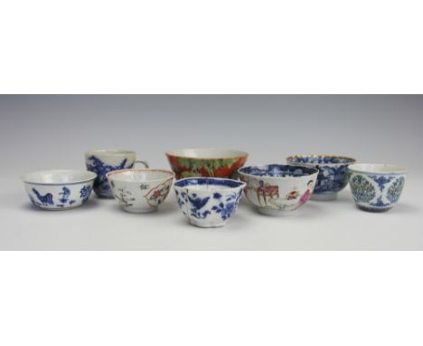 A selection of seven Chinese tea bowls comprising; A Kangxi blue and white example decorated with chickens and roosters, 3.7c