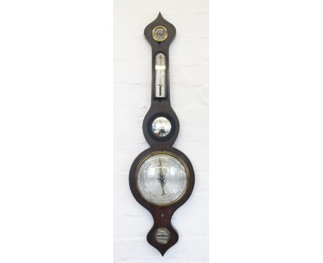 An early 19th century painted rosewood mercury wheel barometer, with four silvered dials and mirror, 95cm