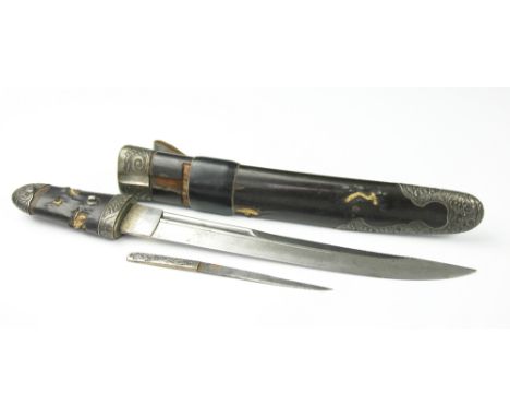 A Japanese silver and gilt metal mounted Tanto, Meiji period (1868-1912), the scabbard and tsuka leather wrapped and intricat