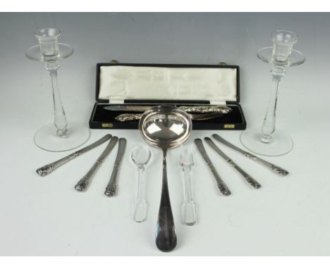 A set of six silver handled butter knives, Sheffield 1911, a cased serving knife and fork with Art Nouveau handles, an EP lad