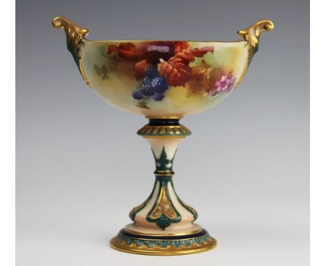 A Royal Worcester Hadley's stem cup, No. 280 H, decorated with an autumnal design depicting foliage and berries, the cup flan