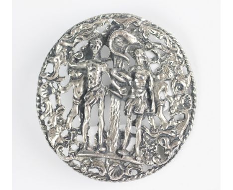 A late 19th century continental white metal cloak button, depicting Adam and Eve stood interlinked with Cain and Abel besides