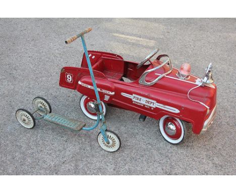 A childs Fire Engine 'No 9' pedal car, with bell and flashing bonnet light, 100cm, with a Mobo scooter (2)