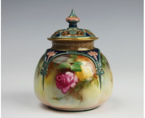 A Royal Worcester Hadley's pot pourri and cover, No. 175 H, the lobed body decorated with multiple pink and yellow rose bloss