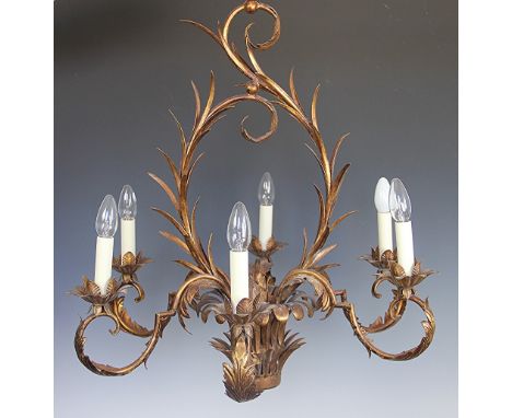 A modern Louis XV style gilt metal six branch chandelier decorated throughout with scrolling acanthus leaves 77cm high 