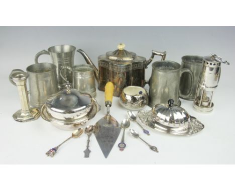 An assortment of silver and silver plated wars to include a 'Thomas and WIlliams Cambrian Works, Aberdare S. Wales' miners la