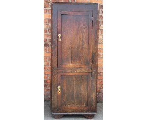 A George III rustic oak corner cupboard, with two panelled doors, on later bracket feet, 181cm H x 77cm D