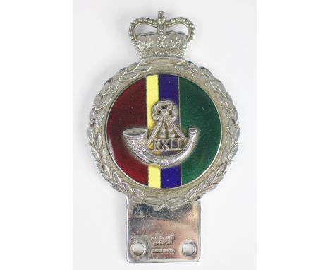 A Kings Shropshire Light Infantry enamel and chrome car badge, KSLI, by J R Gaunt London, 13cm (automobile) 