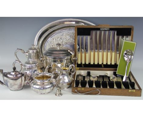 A large selection of silver plated wares to include; a mahogany cased Elkington & Co knife and fork set, a further cased cant